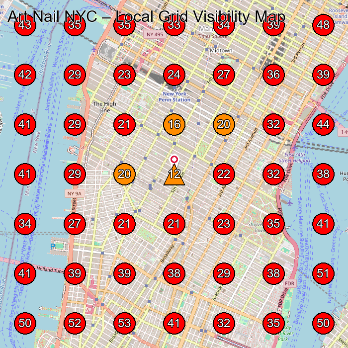 Art Nail NYC GeoGrid visibility map for Nail Salon in New York